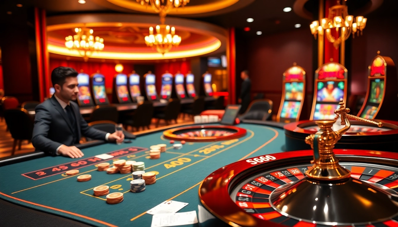 S666 online casino scene with luxurious tables, vibrant slot machines, and professional dealers.