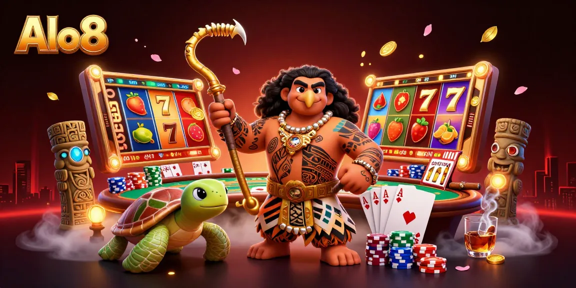 Alo8 showcases vibrant slot reels with lucky symbols amidst dynamic gambling elements and cartoon characters.