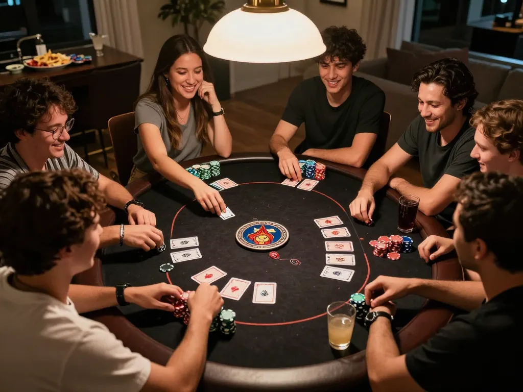 Hitclub players enjoying a lively poker night with chips and cards at home.