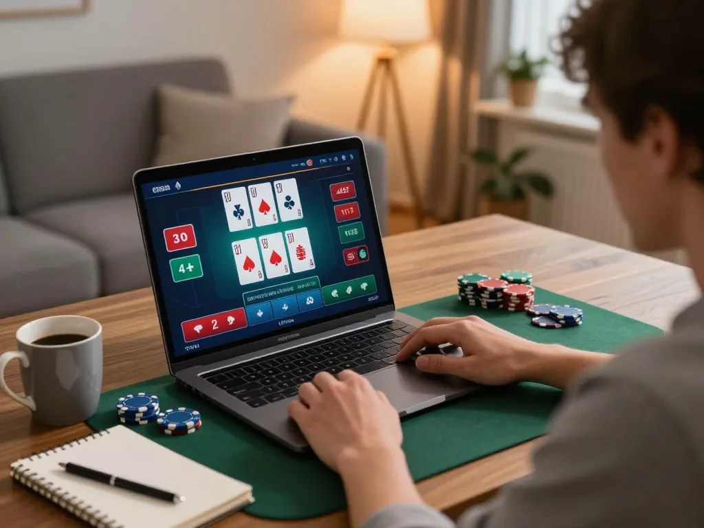 Player engaged in u888 Blackjack online gaming, showcasing strategy in a cozy home setup.