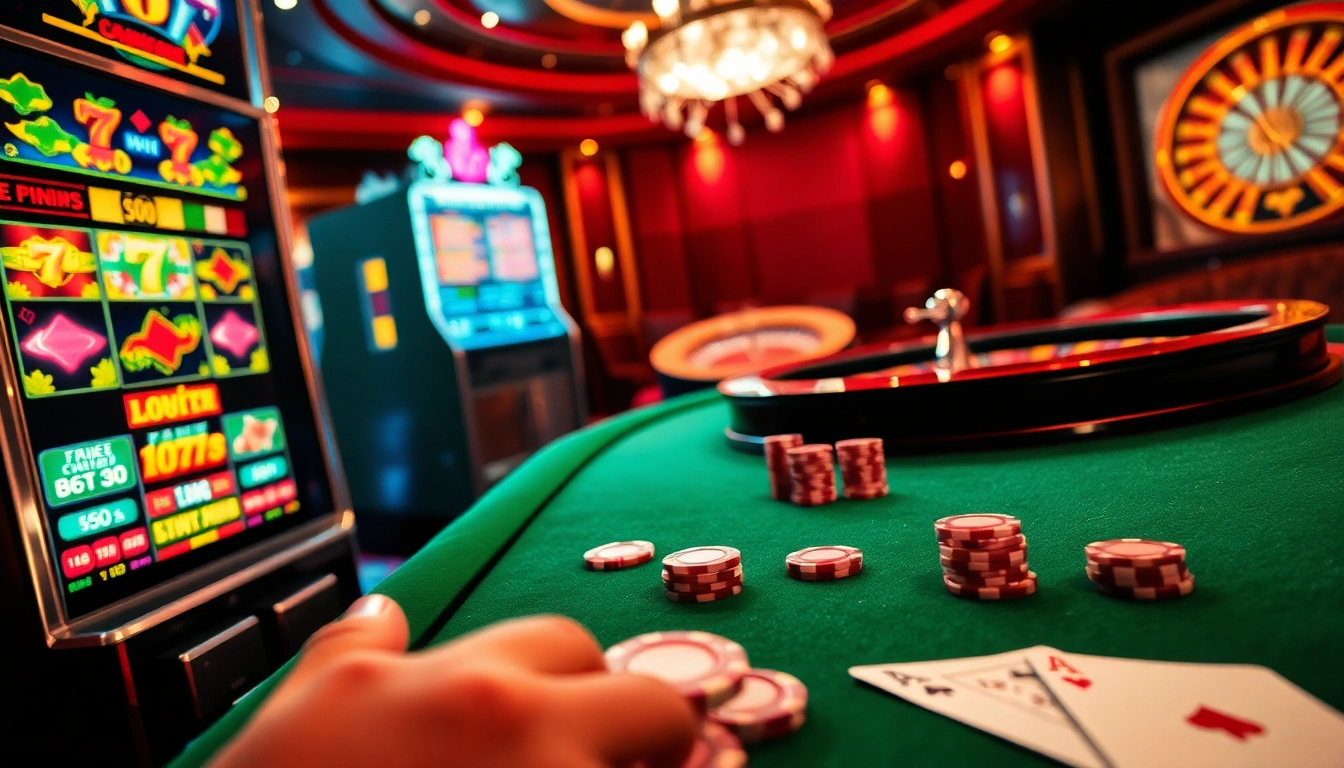 Experience the thrill of gambling at THABET không bị chặn with vibrant slot machines and poker chips.