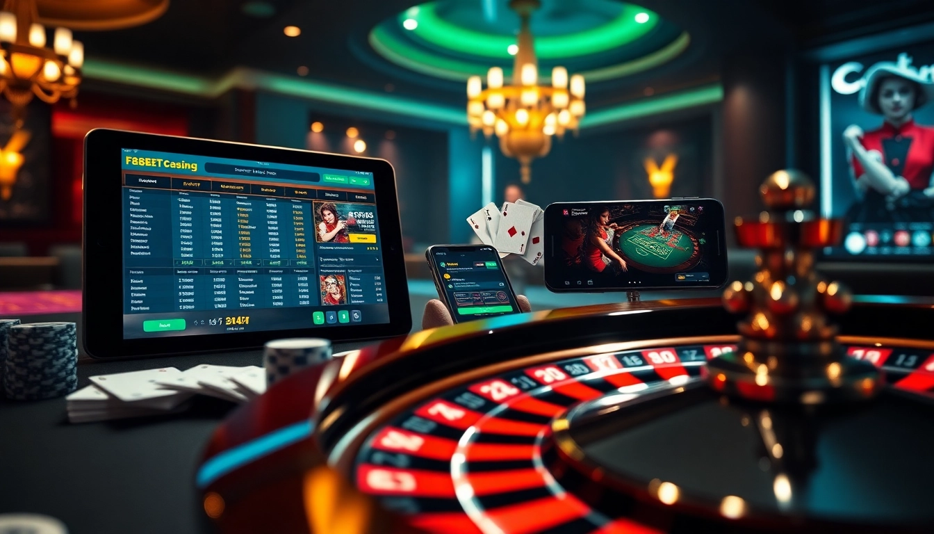 F8BET betting interface with casino elements like chips, cards, and roulette, delivering a vibrant gaming atmosphere.
