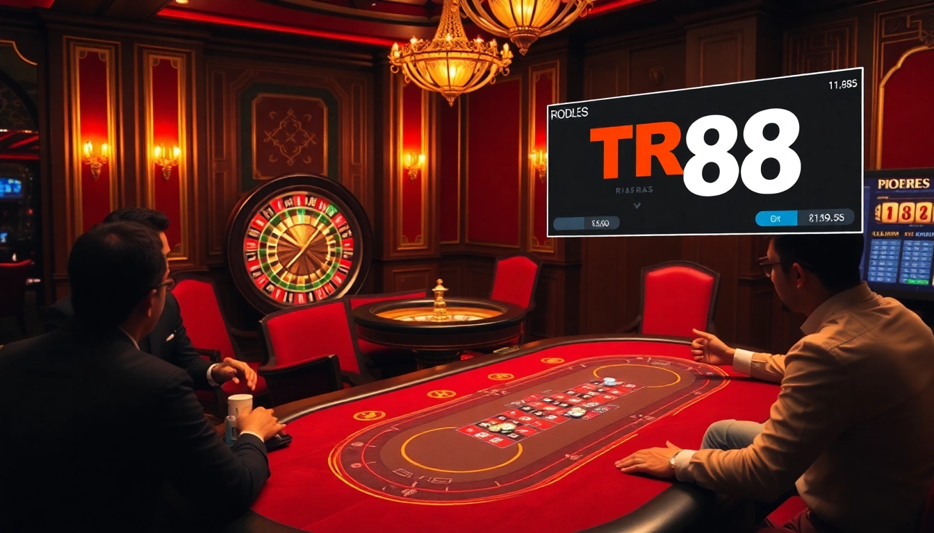 Players enjoying a thrilling game of poker at TR88 casino with vibrant table setups.