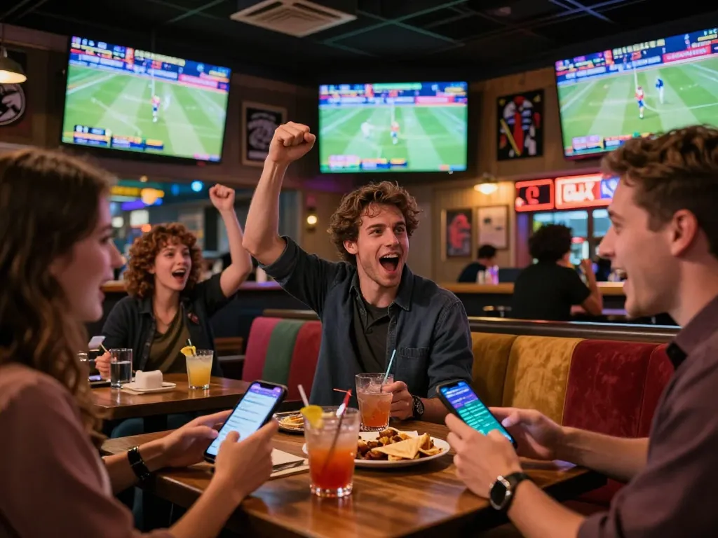 Engaging sports betting scene at Fabet with excited patrons using betting apps.