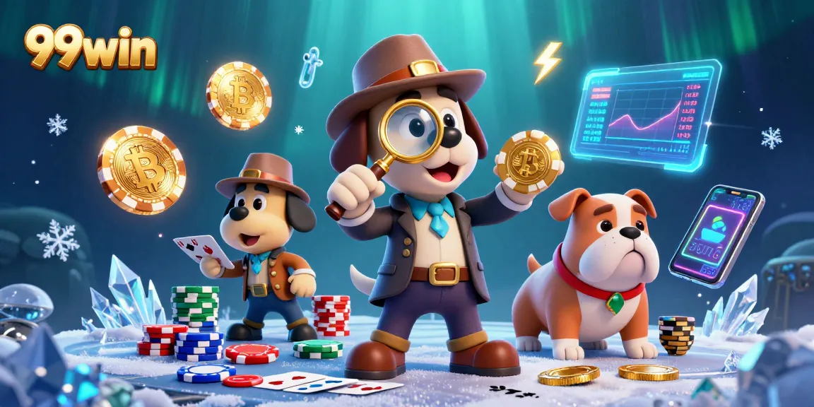 Engage with 99win through this vibrant poker scene featuring a detective cartoon character examining clues.