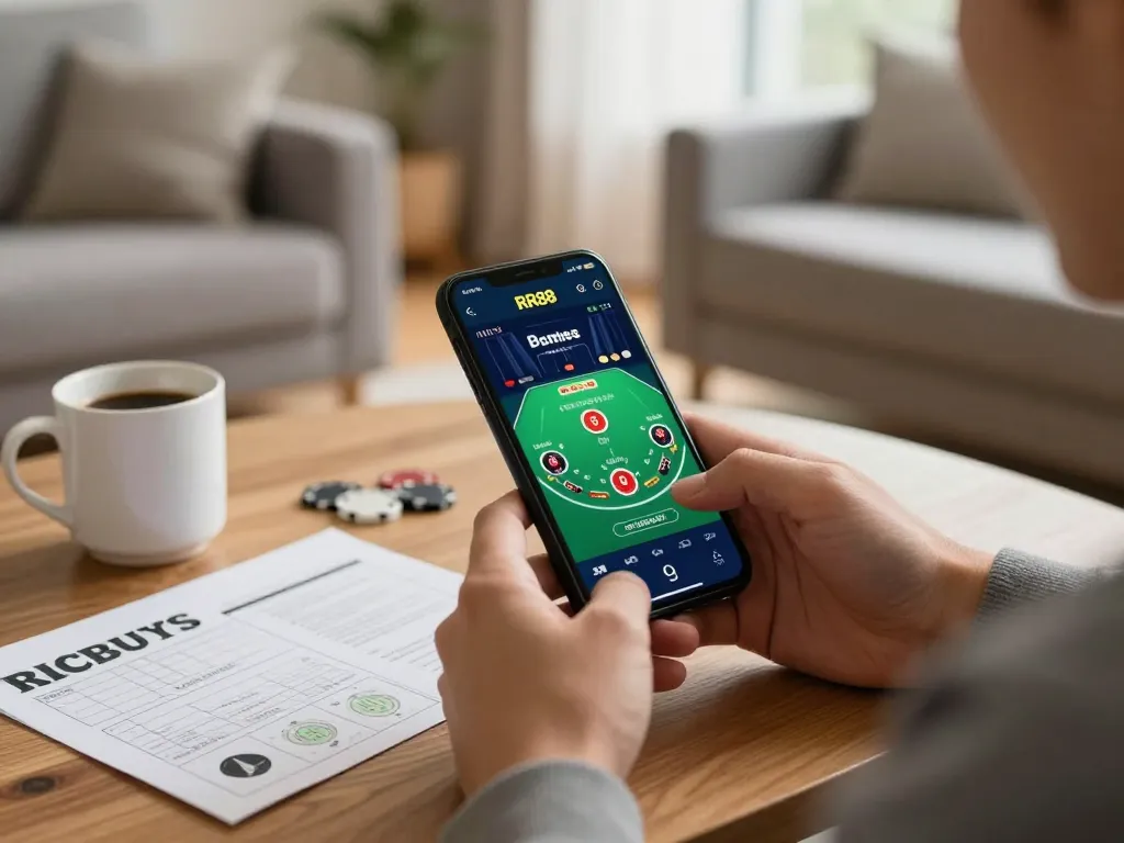 Gambler engaging with RR88 mobile app for blackjack, illustrating online gaming experience.