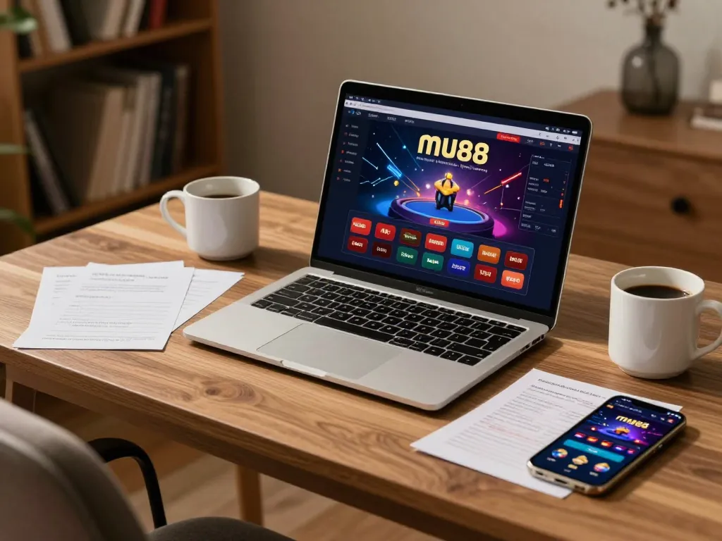 Player exploring mu88 online casino experience with laptop at home, showcasing gaming strategy.