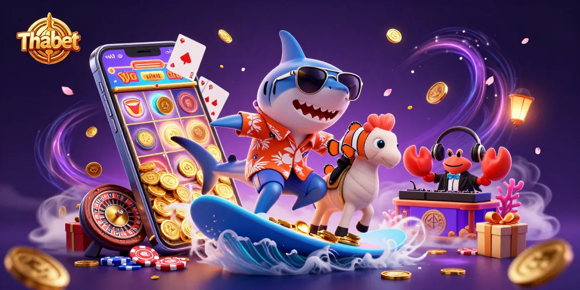 Thabet shark surfing on gold coins in vibrant 3D casino scene with slot games and poker elements.