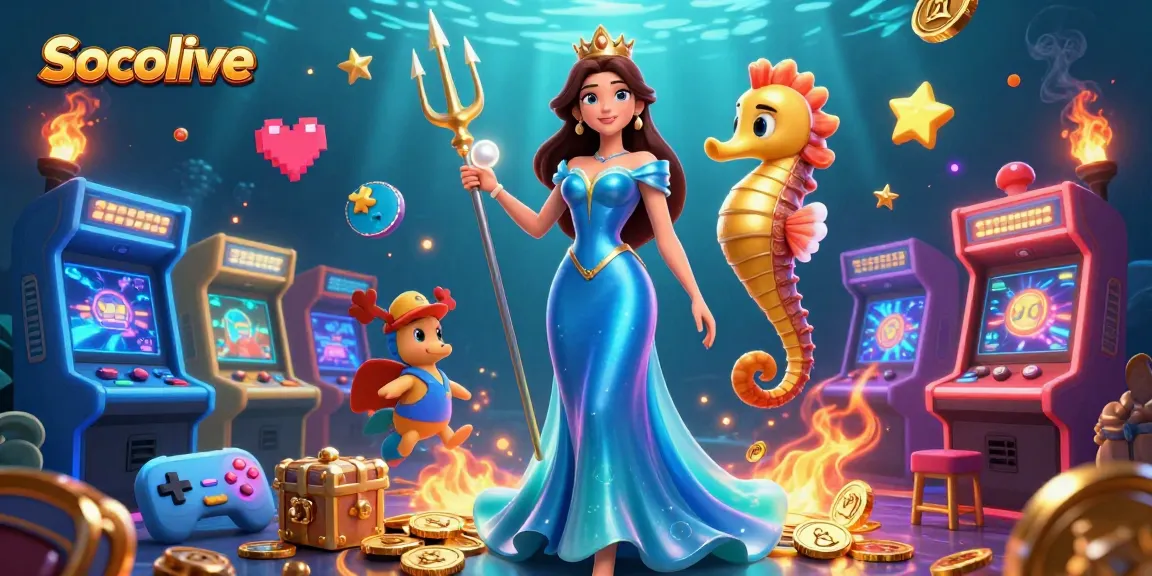 Socolive brings high-octane action in this rich 3D underwater scene featuring a glowing pearl and treasure, promoting thrilling casino experiences.