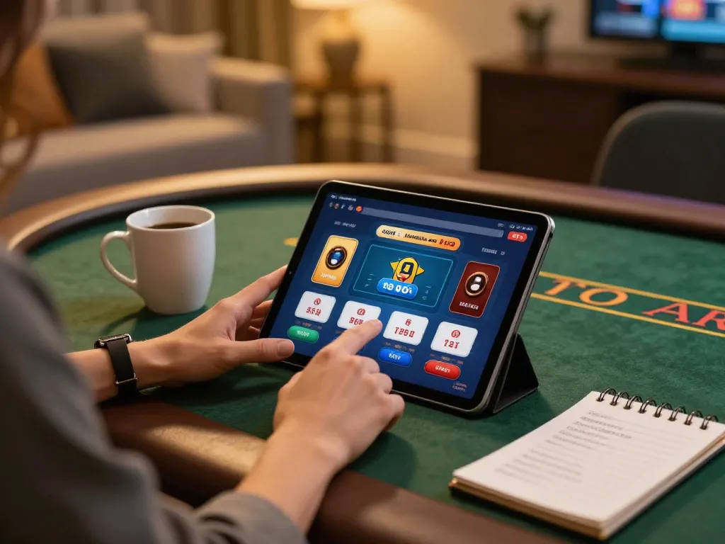 Tg88 user enjoying an online casino app with strategic notes at home.