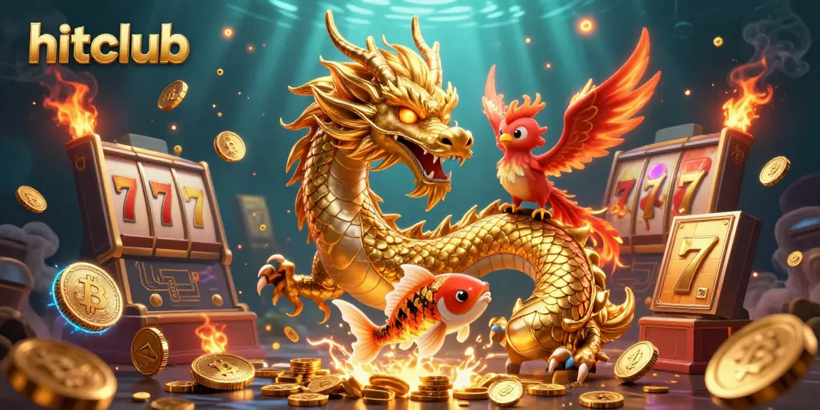 Experience thrill at hitclub with a gold dragon and phoenix amidst slots and coins