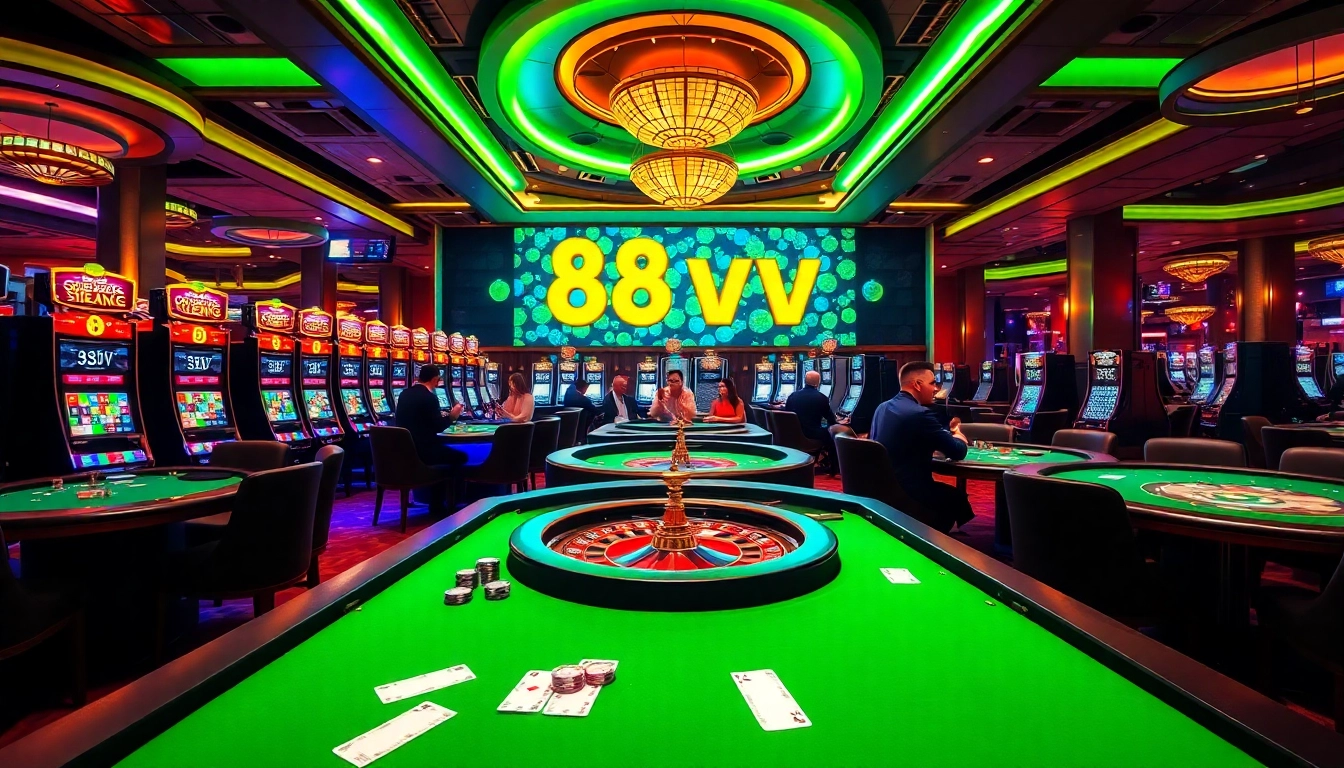 High-stakes gamblers enjoying the thrill of 88vv casino games with vibrant slot machines in the background.