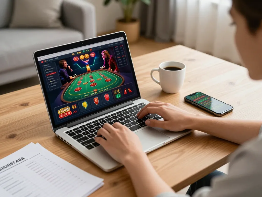 Engaging live casino gameplay on a laptop highlighting nhà cái uy tín and responsible betting practices.
