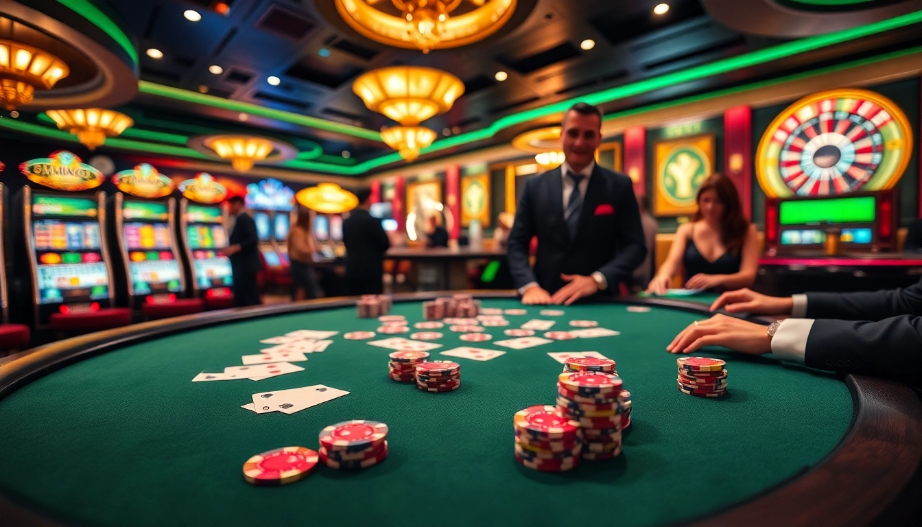 MMOO poker players at an elegant casino table with vibrant chips and cards.