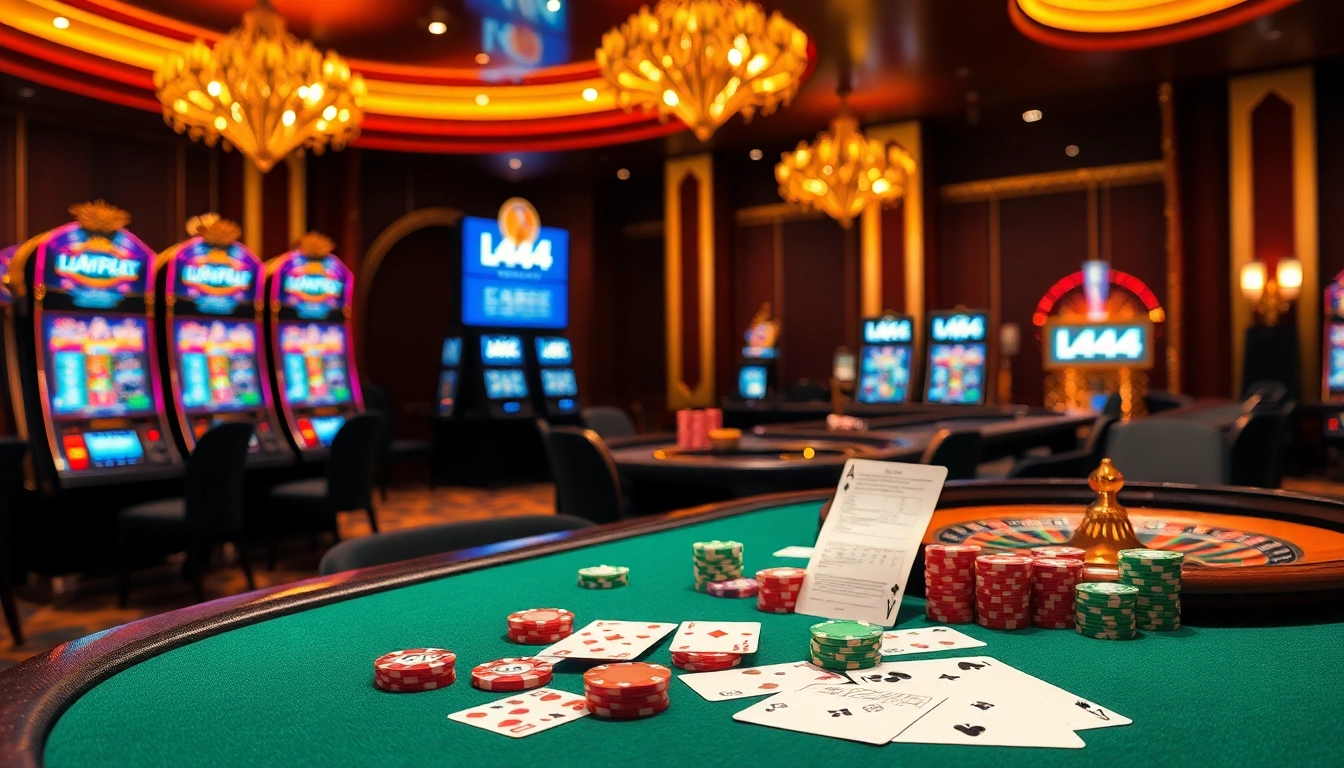 Engage in thrilling poker action at l444's luxurious casino with vibrant chips and exciting gameplay.