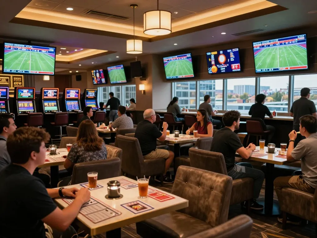 Exciting sports betting scene showing enthusiastic bettors engaging with live football events.