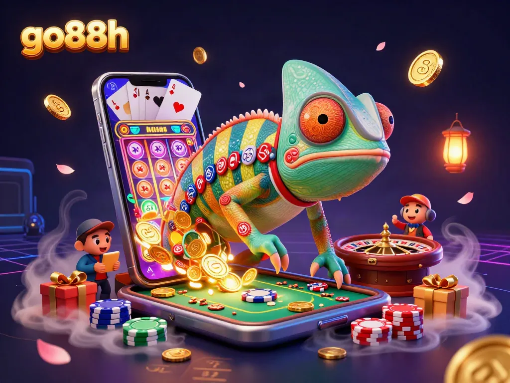 Experience the thrilling world of go88h through a colorful chameleon mascot in a lavish casino scene.