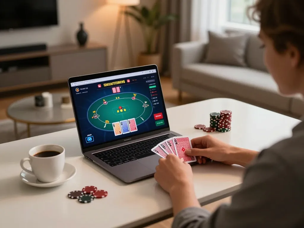 rikvip online poker gaming setup with a player analyzing cards at home