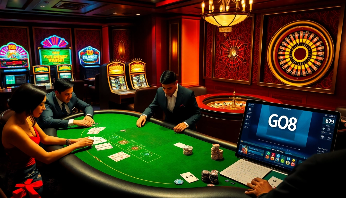 Excited players engaging with GO8 at a luxurious poker table in a vibrant casino.