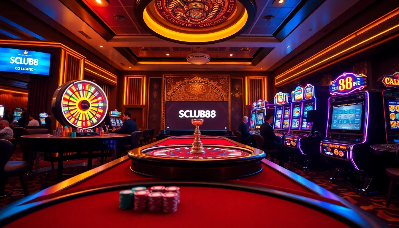 SCLUB88 CO gaming scene with poker chips, slot machines, and roulette wheel in an exciting casino atmosphere.