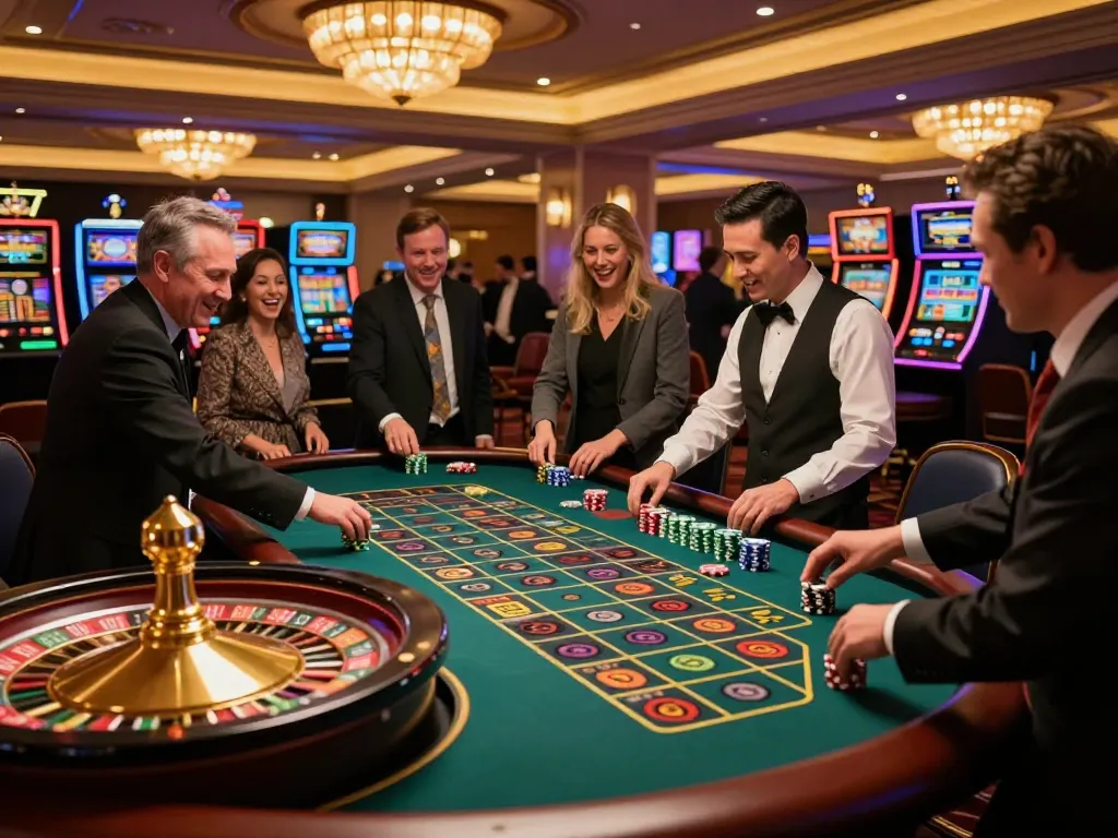 Players engaging in dynamic roulette gameplay at a vibrant casino, highlighting excitement with fah999 betting options.