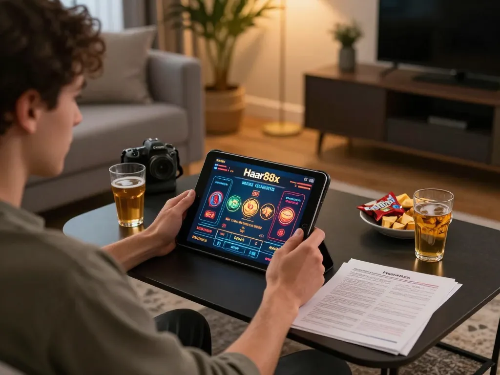 Player enjoying online gaming experience with hay88x on tablet in a cozy home setting.