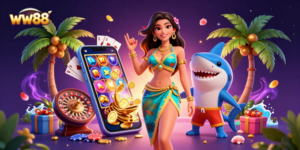 Experience thrilling casino excitement with the glamorous ww88 beach goddess and playful shark.