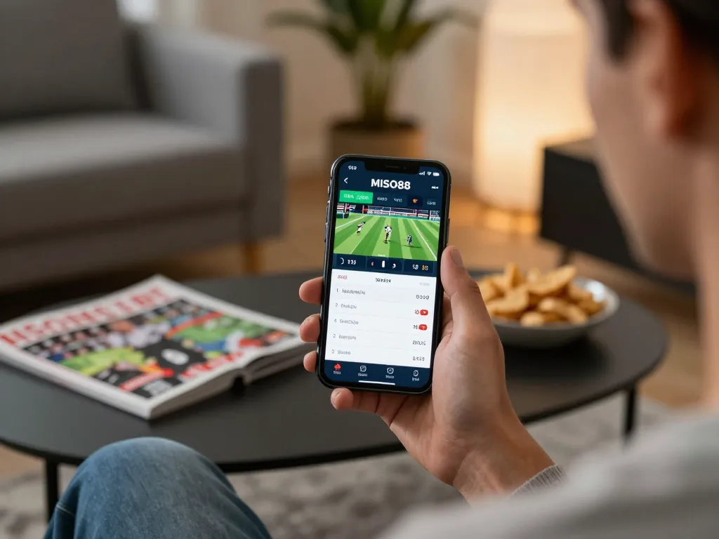 MISO88 user placing sports bets on smartphone during an engaging home gaming session