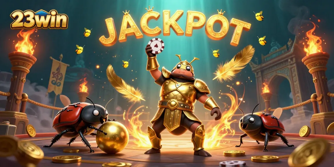 Experience the thrill of 23win with a victorious beetle champion and dazzling jackpot elements.