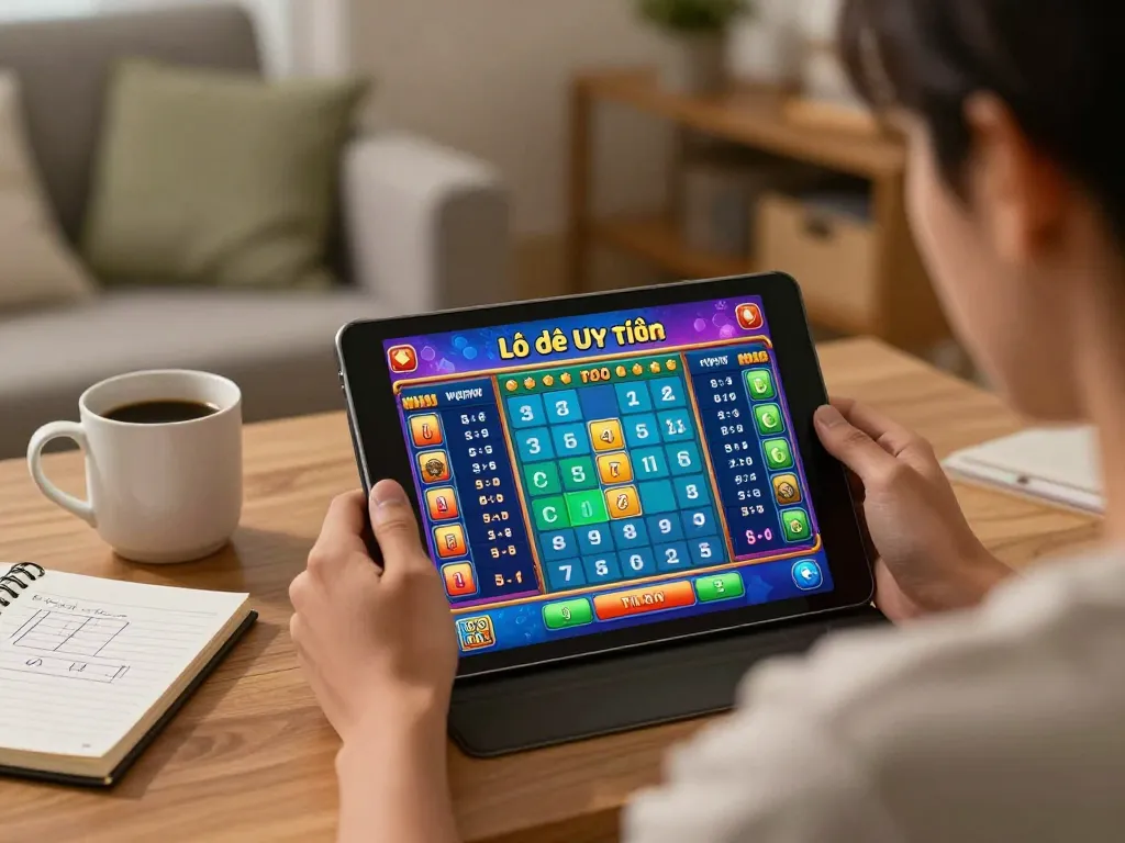 Lô Đề Uy Tín gaming session at home with player engaged on tablet, cozy setup.