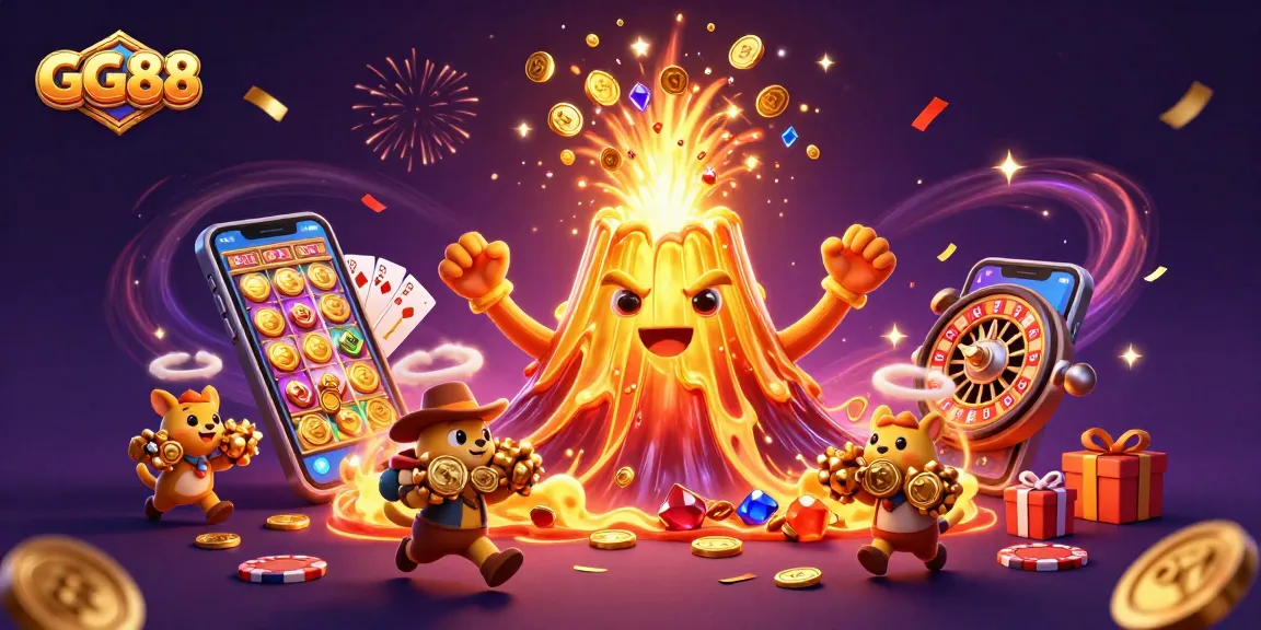 Experience GG88's thrilling casino world with a triumphant golden volcano and treasure-exploring animals.