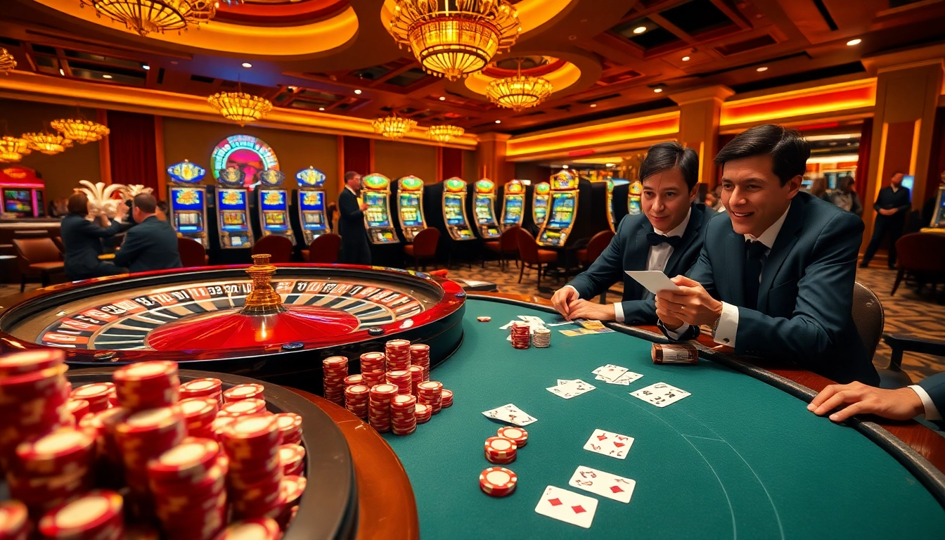 Engaged players enjoying a thrilling MM88 casino experience with vibrant slot machines and poker tables.