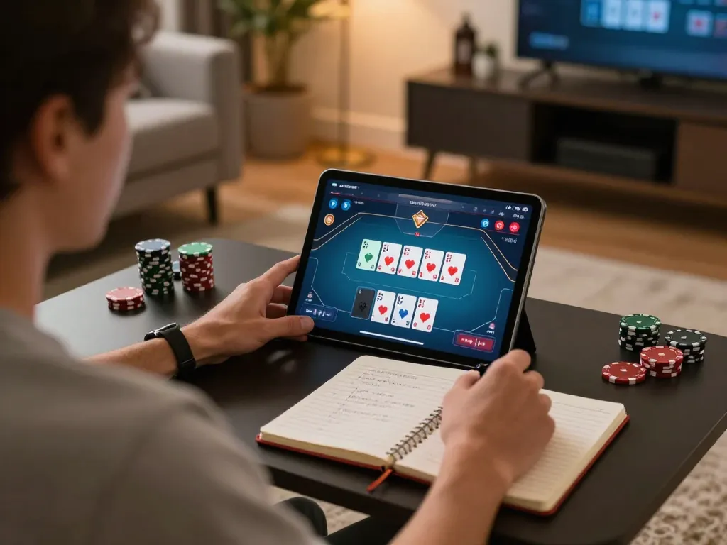 Person engaged in online poker at home, showcasing sc88 gaming strategies with tablet and notes.