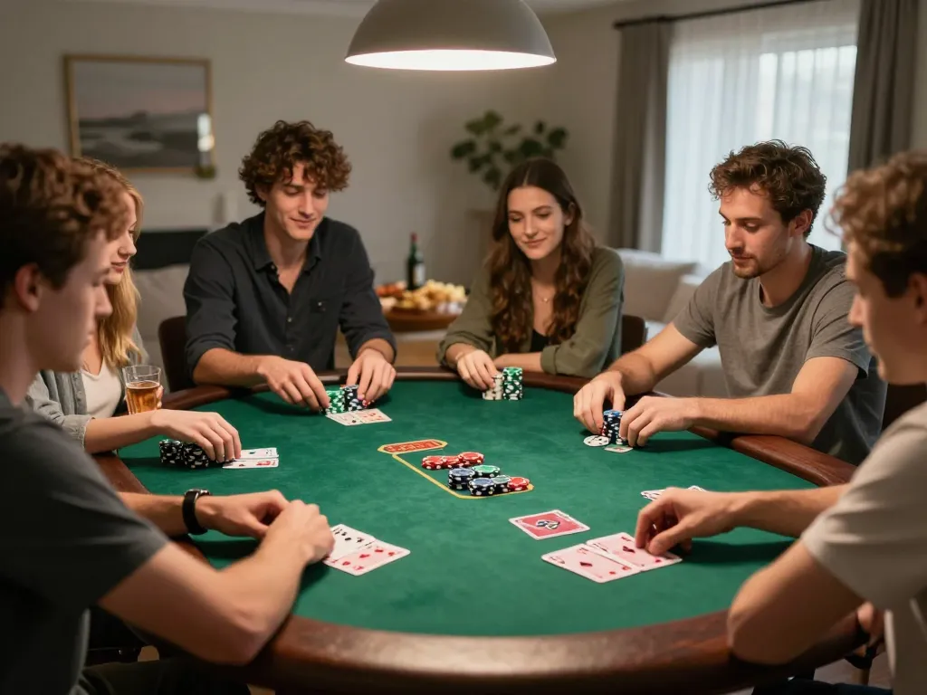 KJC players strategically betting in a friendly home poker game setting
