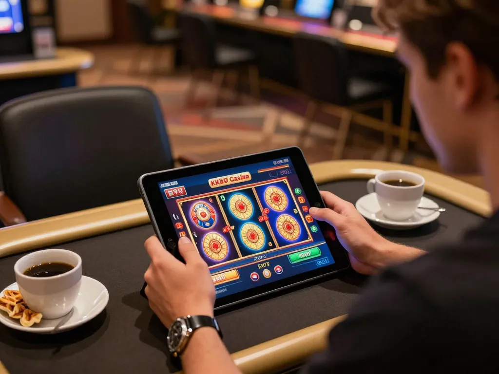 Player engaging with KKBD Casino app on tablet at home, vibrant slot game visible on screen.