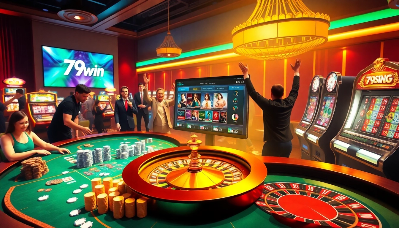 Exciting gaming atmosphere at 79win online casino with poker tables and roulette wheel.