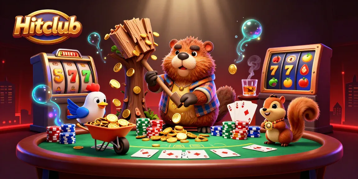 Hitclub spins gold coins from tree as a beaver and bird collect rewards in a vibrant casino