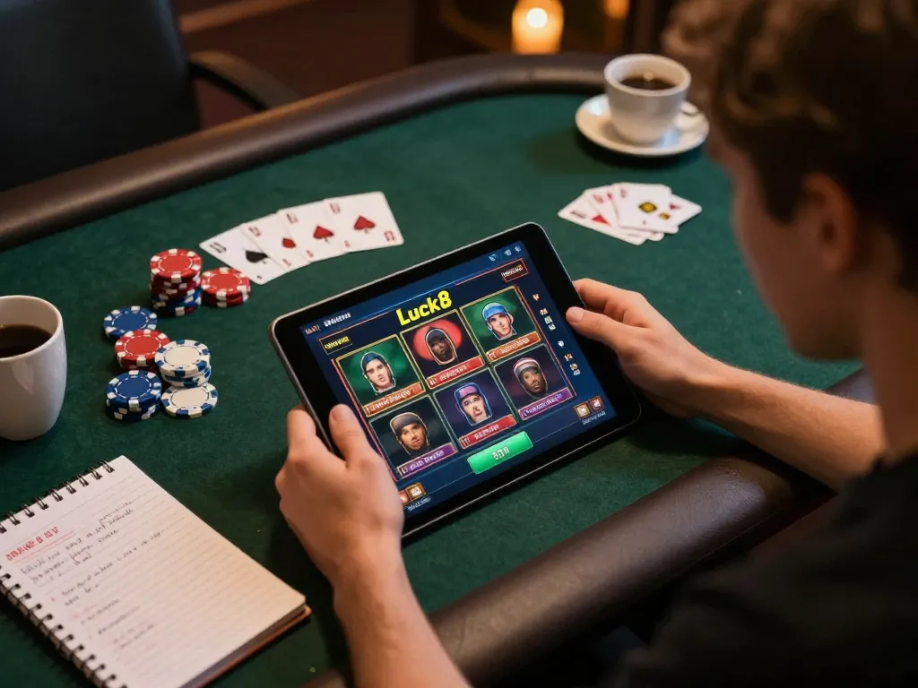 Engaging online gaming moment at Luck8 with poker cards and a tablet interface showcasing strategic choices.