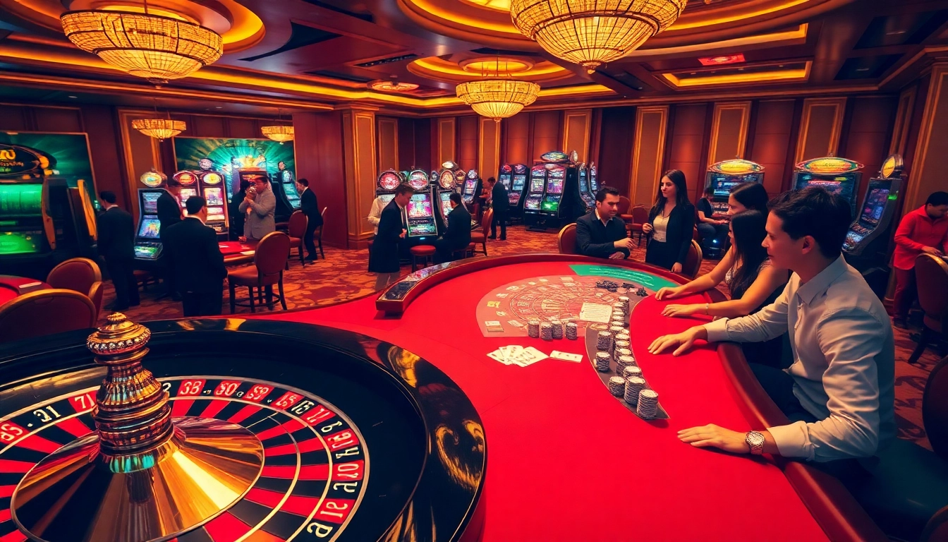 Players enjoying a vibrant casino experience at https://rr9988.net/, with roulette wheels, poker tables, and elegant ambiance.
