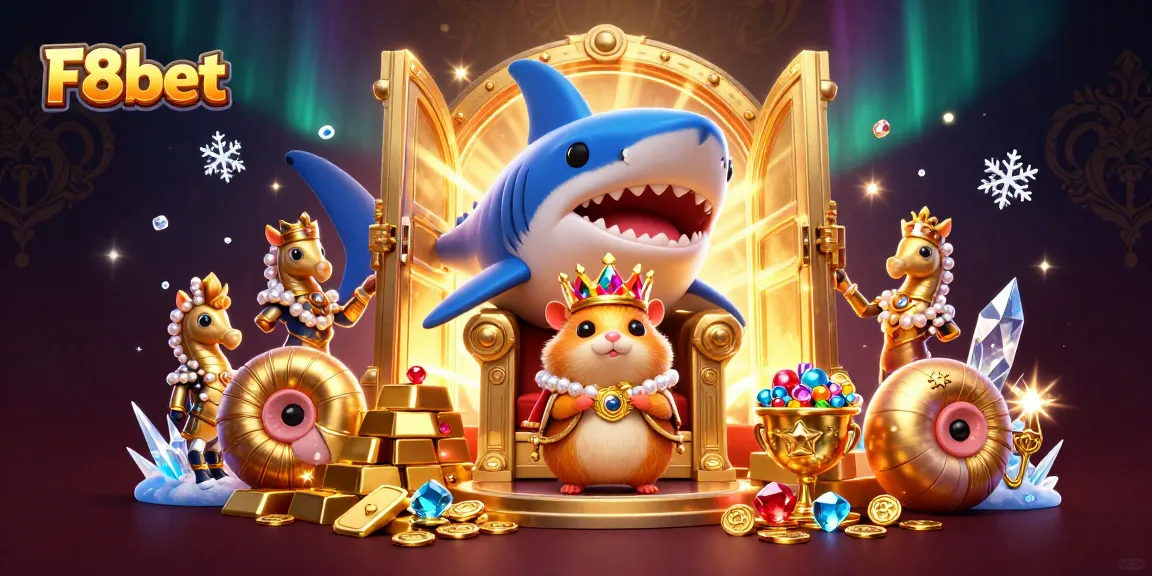 Experience the thrill of F8bet with a stunning casino scene featuring a golden hamster king and treasures.