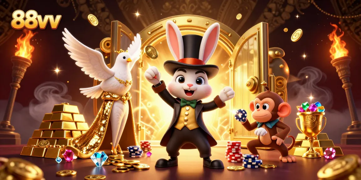 88vv captivates with a lively scene featuring a magician rabbit pulling coins, exotic gems, and rich casino elements.