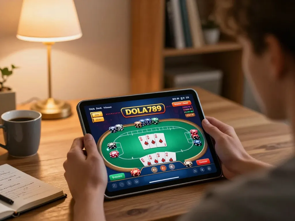 DOLA789 player engaging in mobile poker strategy with tablet in a cozy setting.