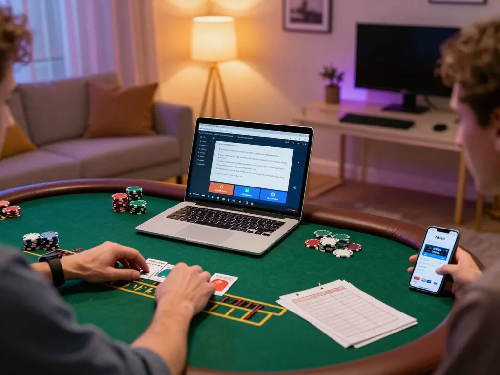 Kkwin player engaging in live dealer blackjack at home with laptop and gaming notes.