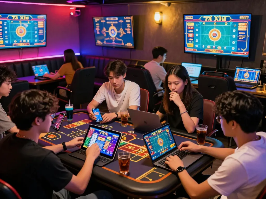 Engaged players enjoying B52club tài xỉu game in a vibrant gaming lounge setting.