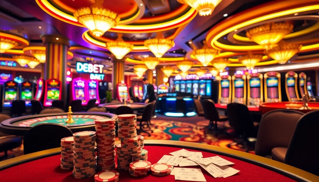 Engaging gambling scene at Nhà Cái DEBET with poker tables and slot machines.