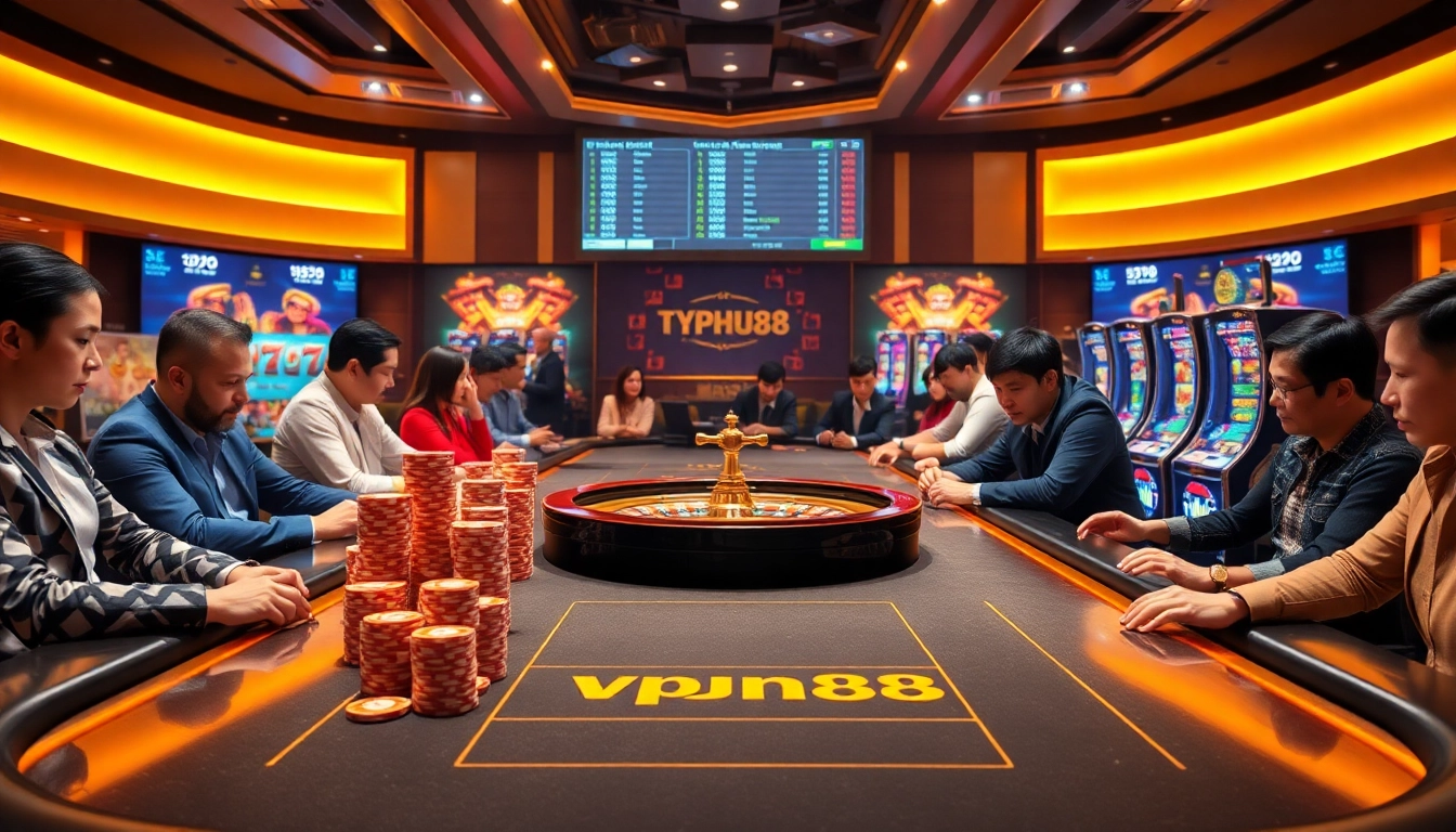 Typhu88 players enjoying a premium online gambling experience with poker chips and roulette.