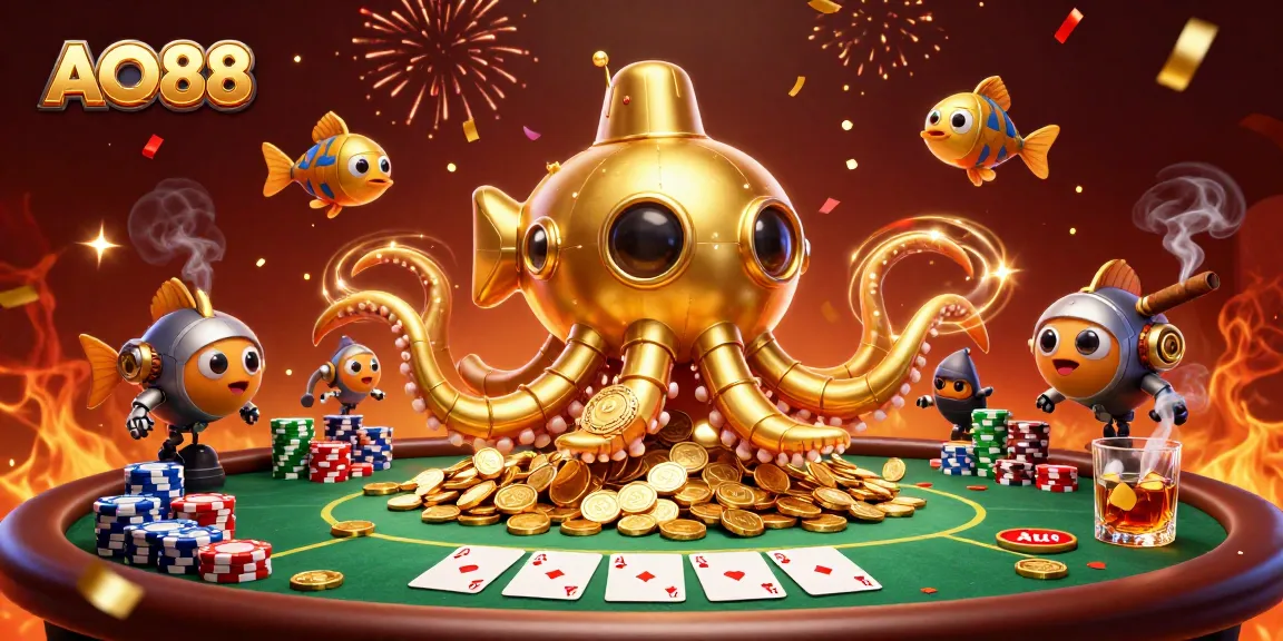 Engage in casino action at AO88, featuring a golden kraken submarine amidst poker excitement.