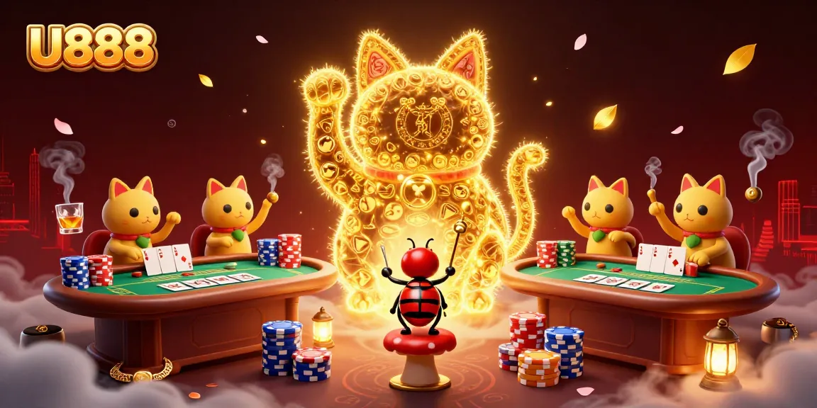Win big at U888 with a whimsical giant lucky cat surrounded by poker symbols and vibrant casino elements.
