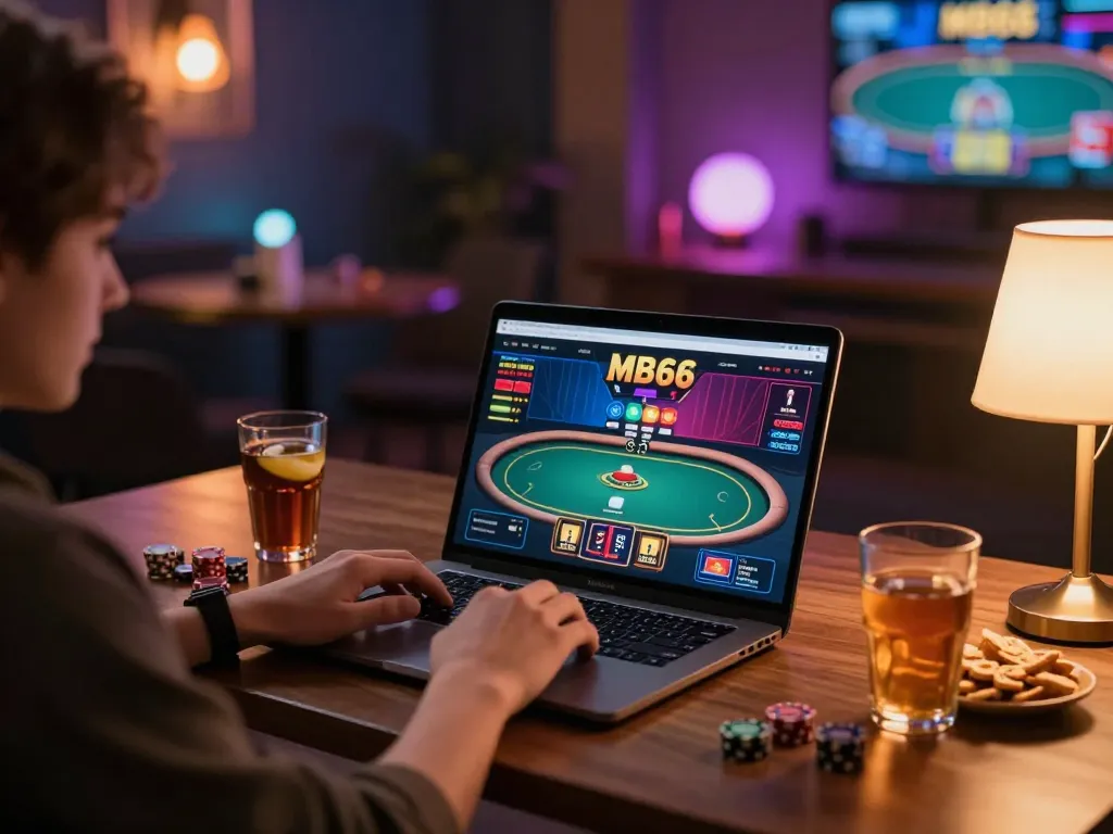 Engaging online casino gameplay scene featuring a laptop interface focused on mb66 poker action, showcasing responsible gaming
