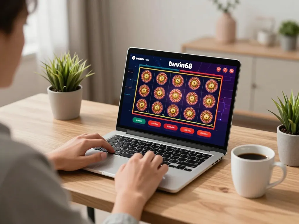 Engaging with the twiin68 casino app during a home gaming session, showcasing excitement in a cozy workspace.